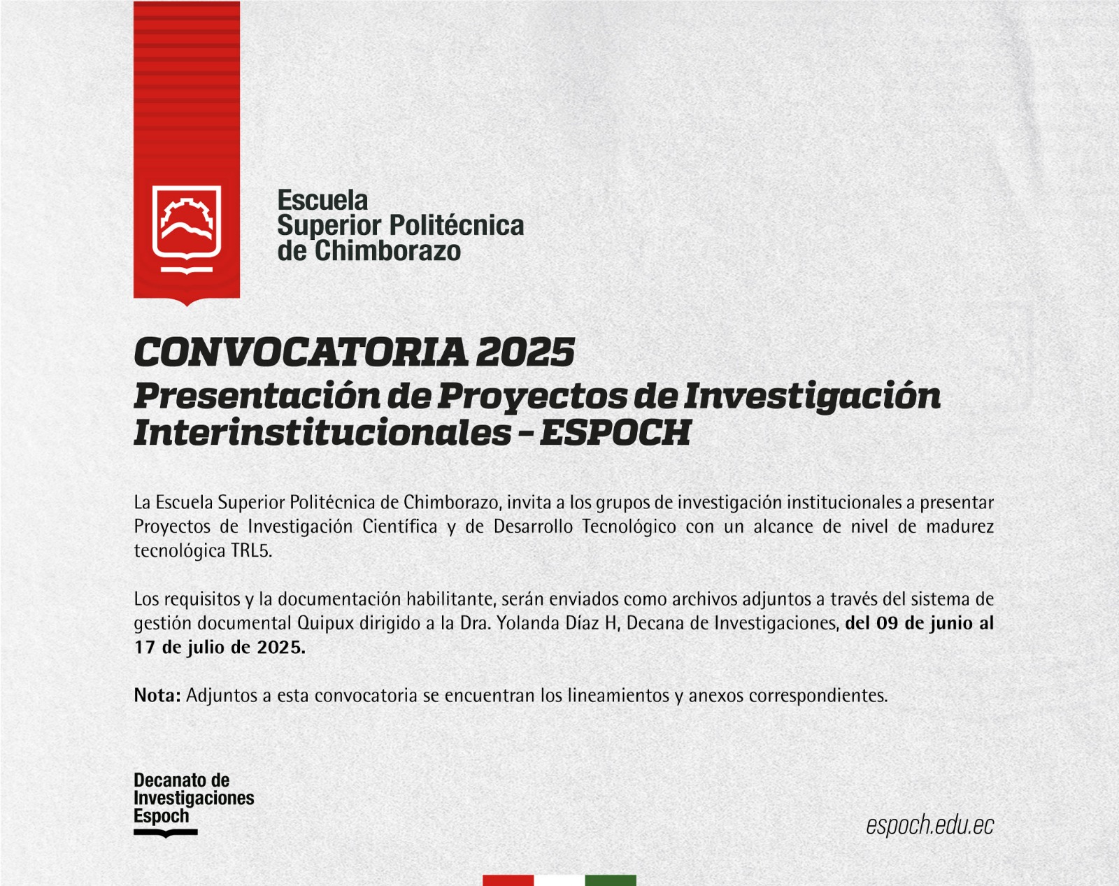 CONVOCATORIA 2025 PARA PRESENTACIÓN DE PROYECTOS DE INVESTIGACIÓN INTERINSTITUCIONALES – ESPOCH